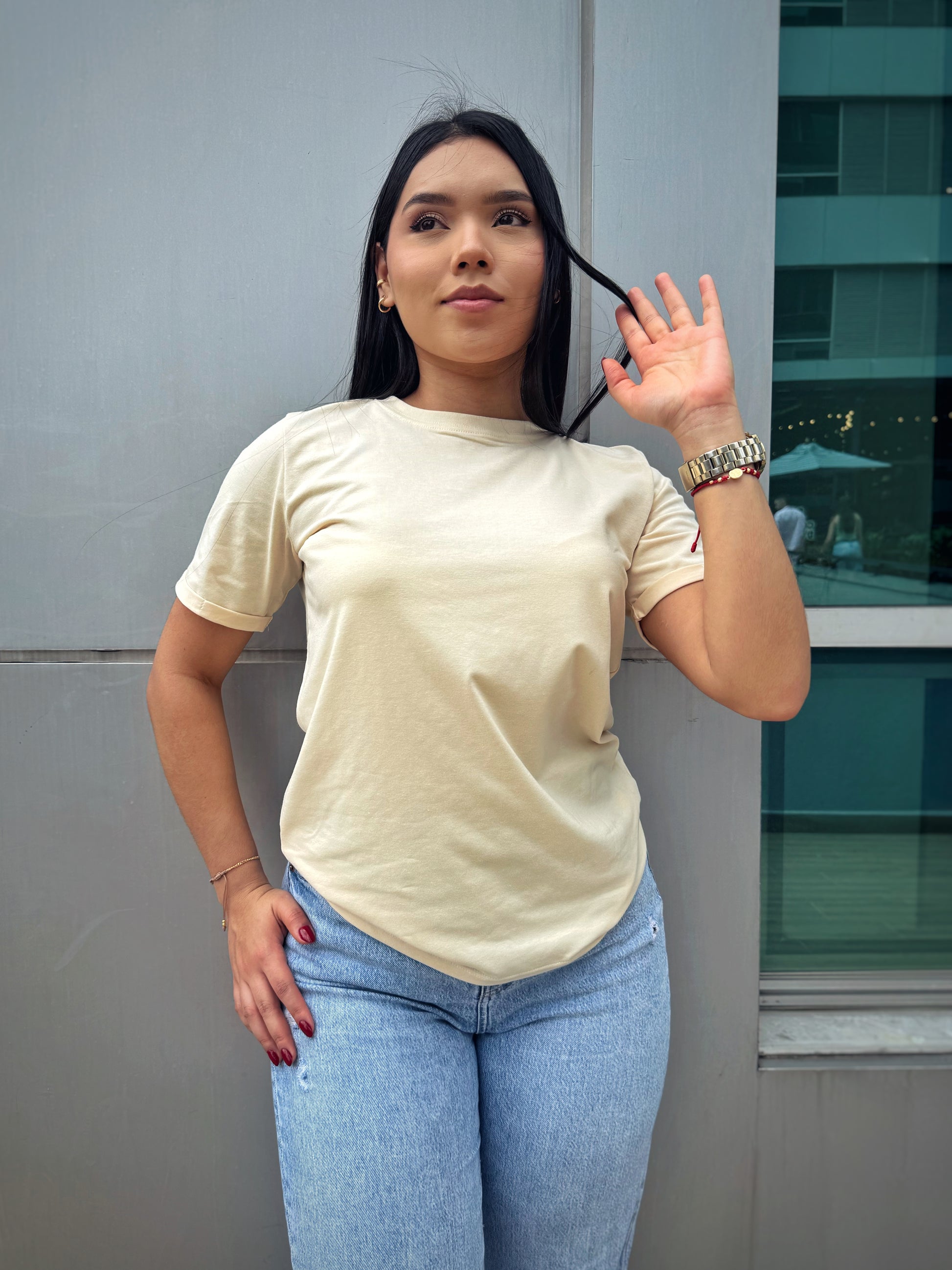 CAMISETA ALGODON LICRADO, CUELLO TEJIDO EN RIB